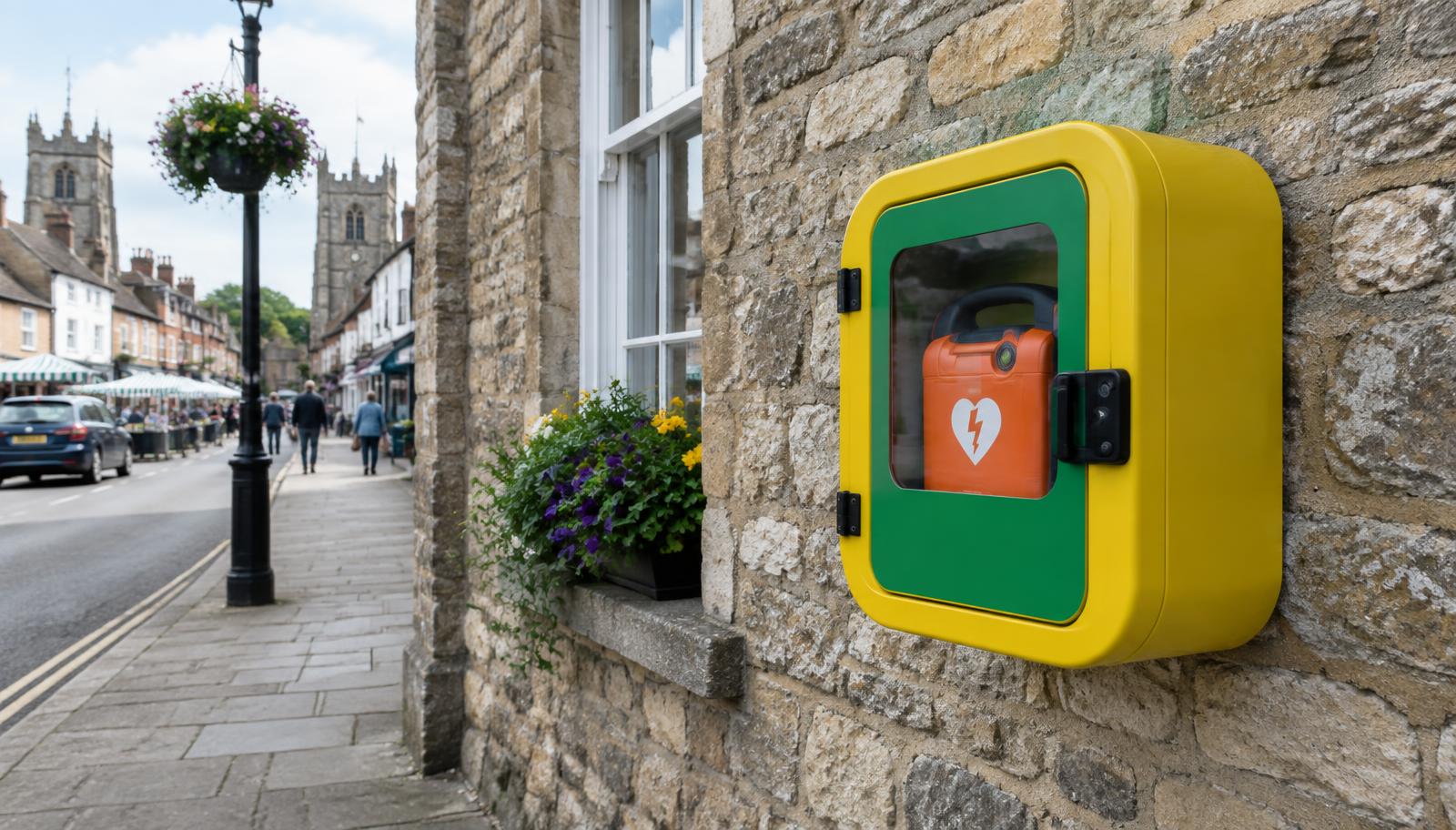 A public-access defibrillator cabinet on a stone wall in a town centre